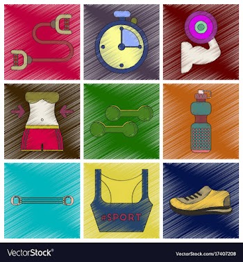 Set of flat shading style icons fitness equipment vector image