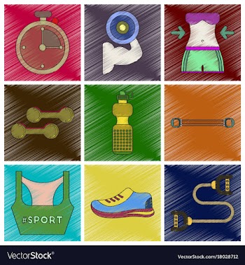 Set of flat shading style icons fitness equipment vector image