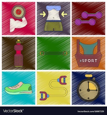 Set of flat shading style icons fitness equipment vector image