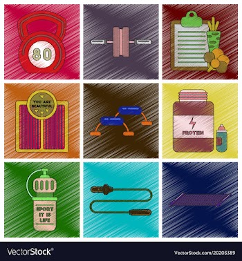 Set of flat shading style icons fitness equipment vector image