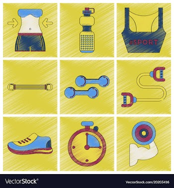 Set of flat shading style icons fitness equipment vector image