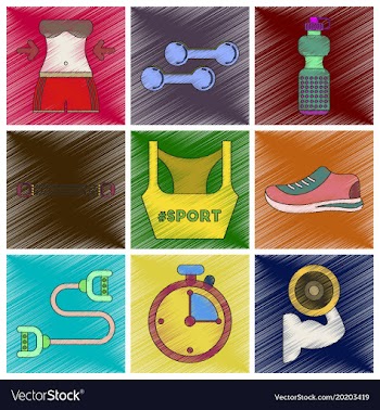 Set of flat shading style icons fitness equipment vector image