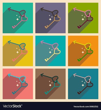 Set of flat web icons with long shadow keys heart vector image