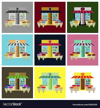 Set of flower shop with flowers outdoors and vector image