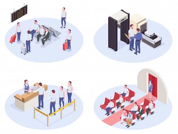 Set of four airport isometric compositions with lounge registration desk security check and inboard interior images vector illustration Free Vector