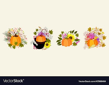 set of four autumn bouquets with pumpkin leaves