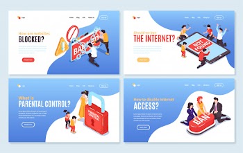 Set of four isolated isometric banned website horizontal banners with editable text clickable links and images vector illustration Free Vector