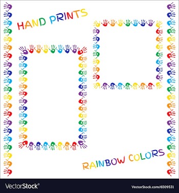 Set of frames and borders Hand prints in rainbow vector image