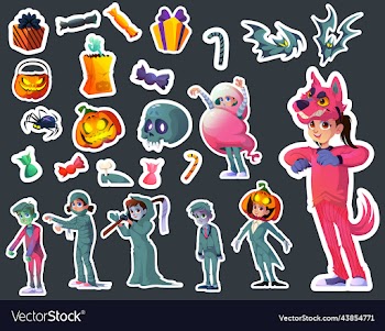 set of halloween stickers with people scary