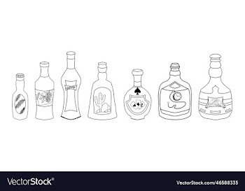 set of hand drawn liquor bottles with labels