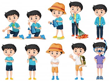 Set of happy boy doing different activities on isolated background Free Vector