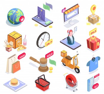 Set of isolated shopping e-commerce isometric icons and conceptual images with pictograms and sale symbols vector illustration Free Vector