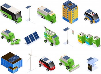 Set of isolated smart urban ecology isometric icons with futuristic transport units buildings and solar batteries Free Vector