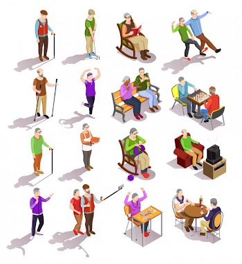 Set of isometric elderly people during various activity cooking physical exercises meeting with friends isolated Free Vector