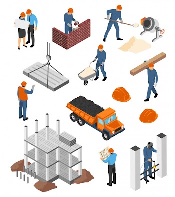 Set of isometric icons architects with blueprints and builders at work with construction materials isolated Free Vector