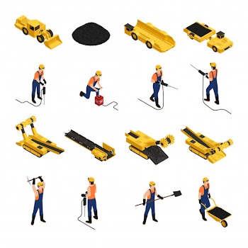 Set of isometric icons coal production miners with working tools and mining vehicles isolated Free Vector