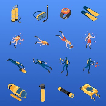 Set of isometric icons human characters with scuba diving equipment isolated vector illustration Free Vector