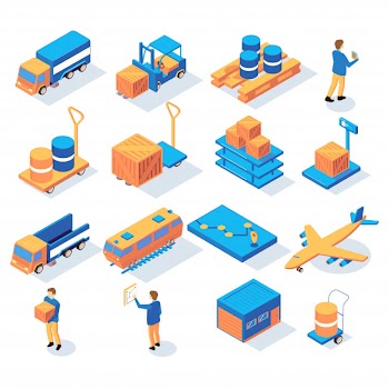 Set of isometric logistics delivery icons with people and images of transportation vehicles and stock parcels vector illustration Free Vector