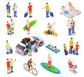 Set of isometric people during vacation traveling by car surfing bicycle riding beach holiday isolated Free Vector