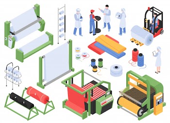 Set of isometric textile factory production isolated s with industrial machinery storage facilities and personnel characters Free Vector