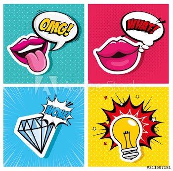 set of lips with diamond and light bulb style pop art design
