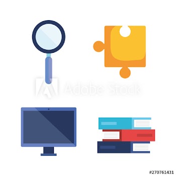 set of magnifying glass with puzzle and computer technology with books