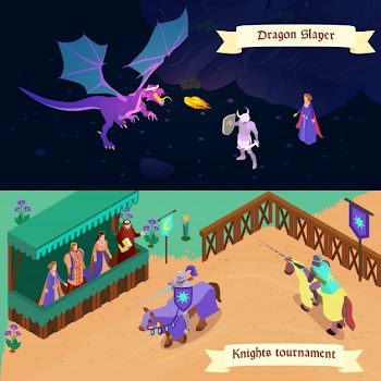 Set of medieval isometric horizontal banners battle with dragon and tournament of knights isolated Free Vector