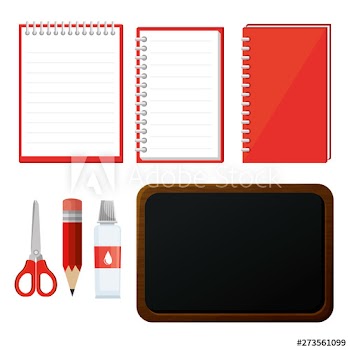 set of notebook with scissors and pencil with blackboard