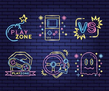 Set of objects related to video games in neon and lienal style Free Vector