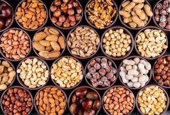 Set of pecan, pistachios, almond, peanut, cashew, pine nuts and lined up assorted nuts and dried fruits in a mini different bowls Free Photo