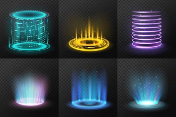 Set of realistic colorful magic portals with light streams  isolated  illustration Free Vector
