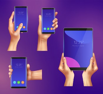 Set of realistic gadgets smart phones and tablet in female hands isolated illustration Free Vector