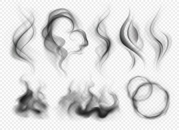Set of realistic grey smoke and steam from coffee tea cigarettes or hot food isolated on transparent background Free Vector