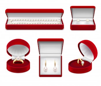 Set of realistic jewelry from gold with pearl and gem in red boxes isolated Free Vector