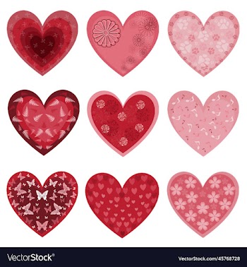 set of red and pink hearts with romantic patterns