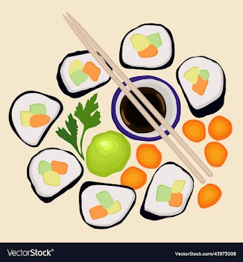set of rolls wasabi carrot pieces parsley and