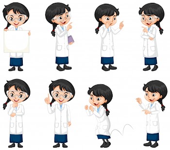 Set of science student doing different poses Free Vector