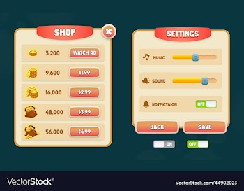 set of shop and settings popup and toggle buttons