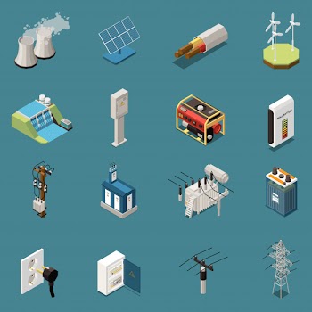 Set of sixteen isolated electricity isometric icons with images of various domestic and industrial electrical infrastructure elements Free Vector