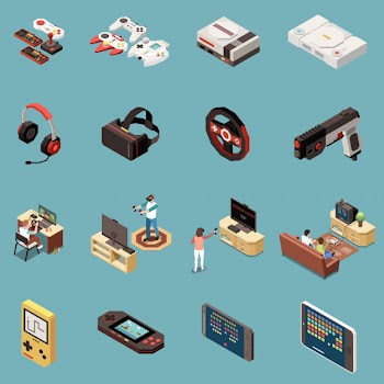 Set of sixteen isolated gaming gamers isometric icons with vintage consoles game accessories and modern gadgets Free Vector