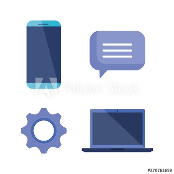 set of smartphone technology with chat bubble and gear with laptop