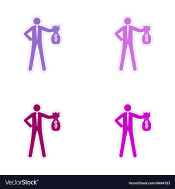 Set of stylish sticker on paper man with bag money vector image