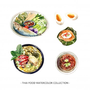Set of thai food collection design isolated watercolor illustration . Free Vector