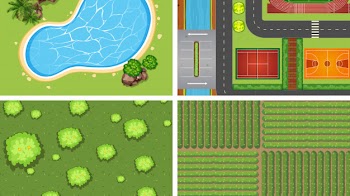 Set of top view aerial scenes in nature and outdoors Free Vector