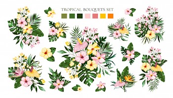Set of tropical exotic flowers bouquets with frangipani hibiscus calla green monstera palm leaves. floral branch arrangements wedding invitation save the date Free Vector