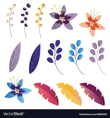 set of tropical leaves and flowers isolated