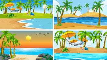 Set of tropical ocean nature scene or backgrounds with beaches Free Vector