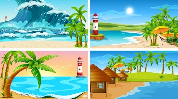Set of tropical ocean nature scenes with beaches Free Vector