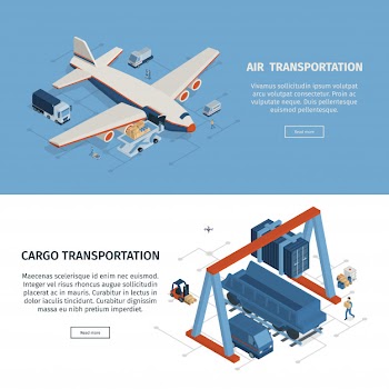 Set of two horizontal isometric logistics banners with clickable read more buttons editable text and images vector illustration Free Vector