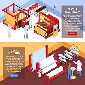 Set of two horizontal isometric textile industry banners with factory facilities machinery and workers in uniform Free Vector